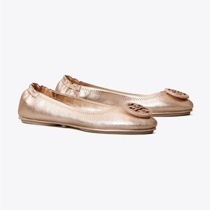 TORY BURCH Rose Gold Minnie Travel Ballet Flat Metallic Leather - Size 7